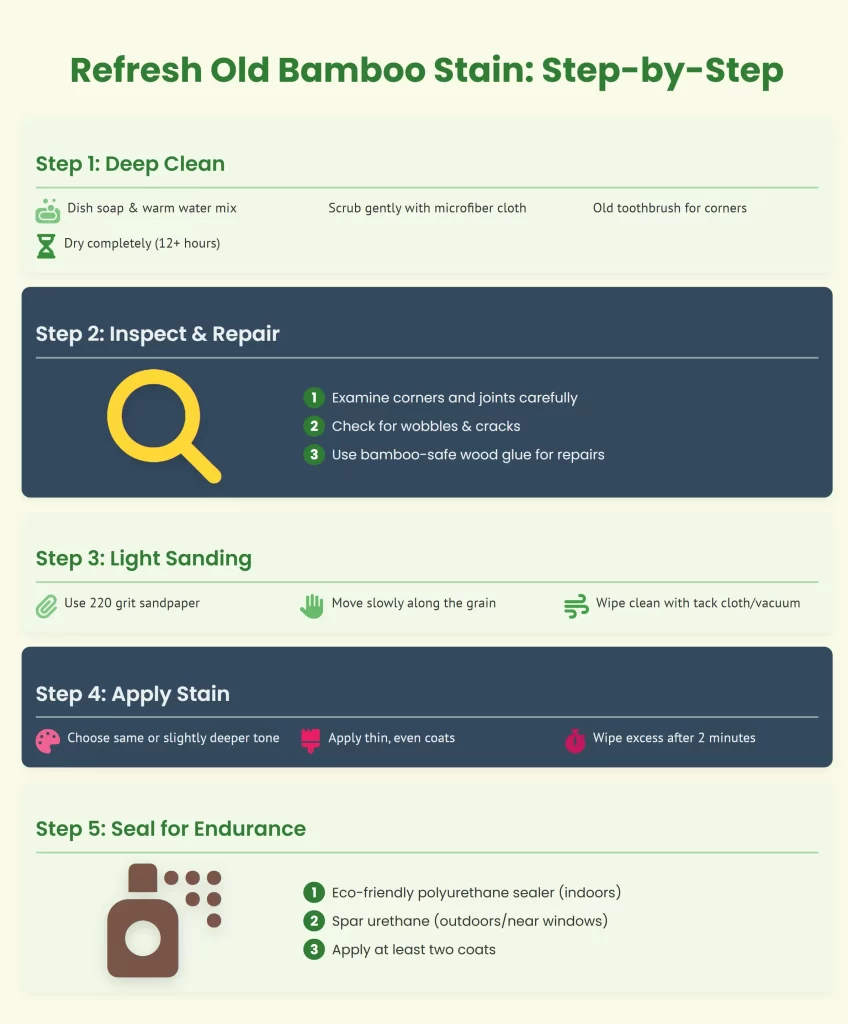 refresh bamboo furniture stain step by step infographic