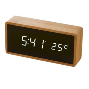 Bamboo Wood Digital Alarm Clock with LED Display - Sound Activated Wooden Clock, Time Temperature Date Display, 3 Alarms, Voice Control, USB or Battery Powered, Modern Minimalist Desk Clock for Bedroom Office