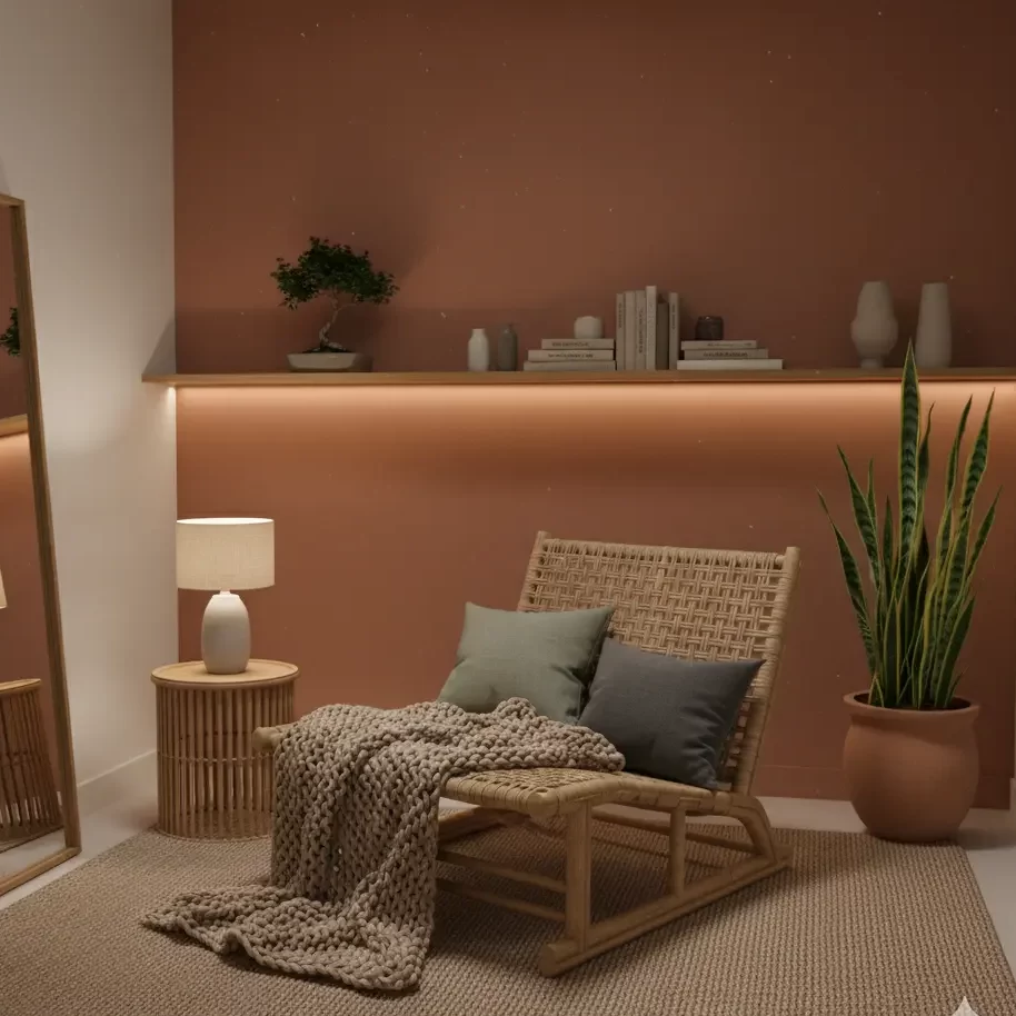 Accent Chair with a woven bamboo frame, a color palette featuring muted terracotta