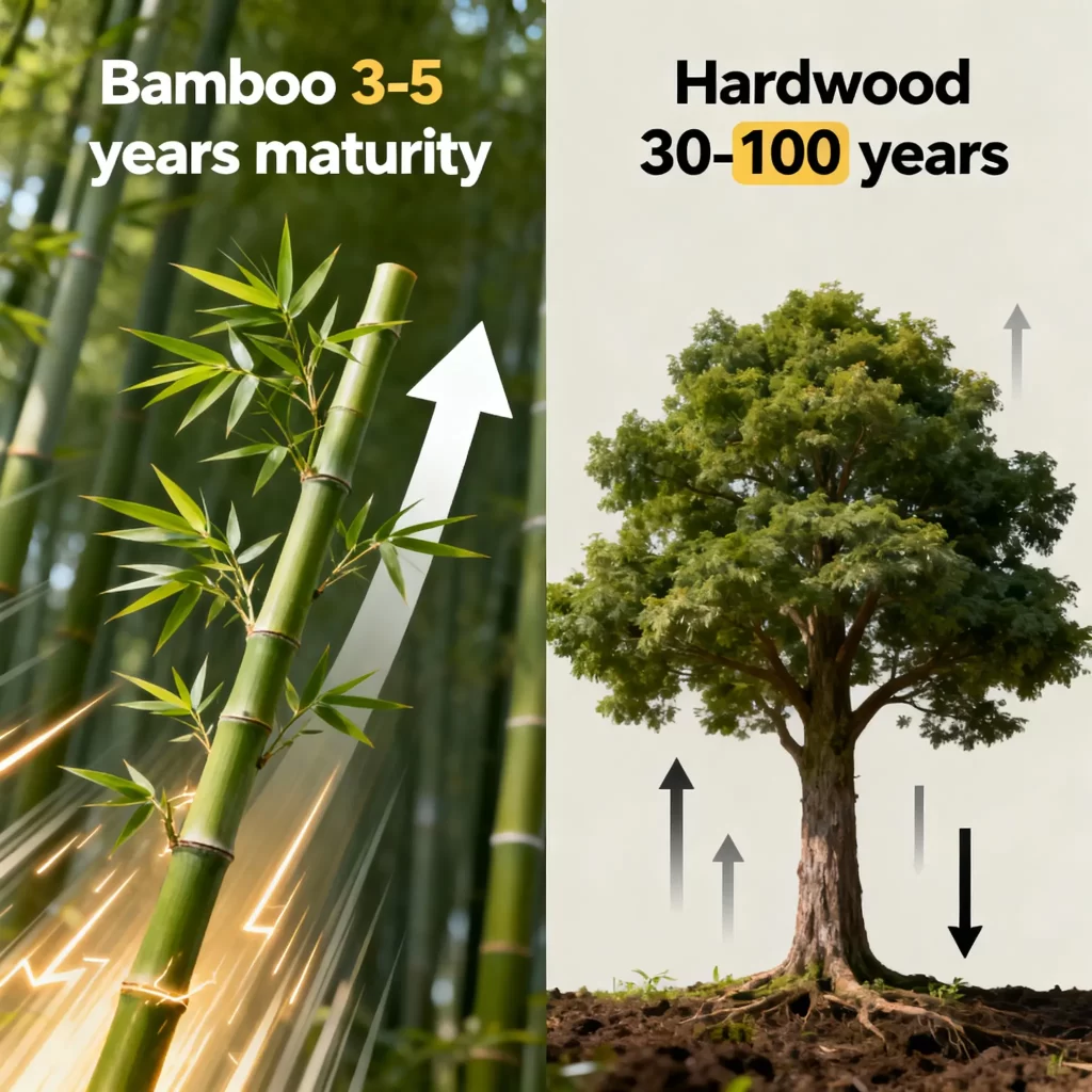 Bamboo vs Hardwood Growth Rate Comparison - Educational infographic showing 3-5 years vs 30-100 years maturity