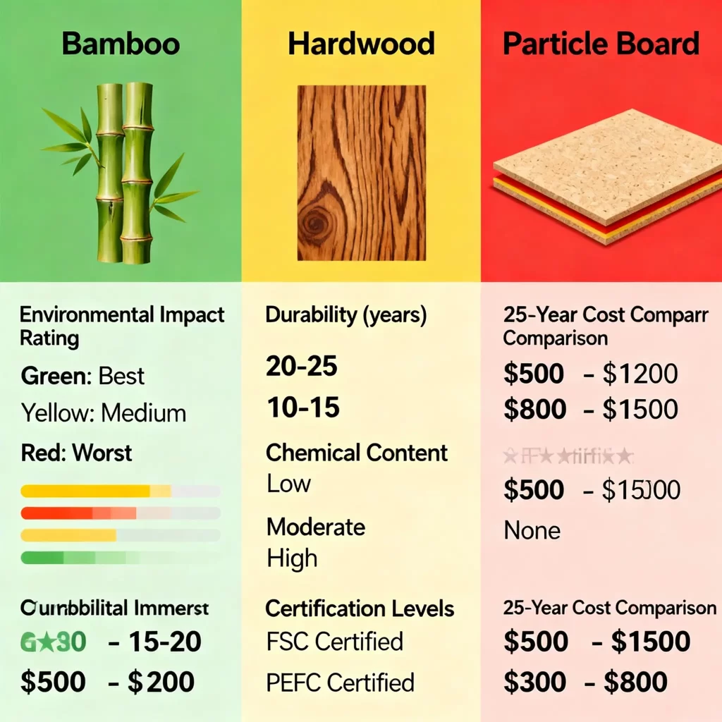 Sustainability Comparison Chart - Bamboo vs Hardwood vs Particle Board - 25-Year Cost Analysis