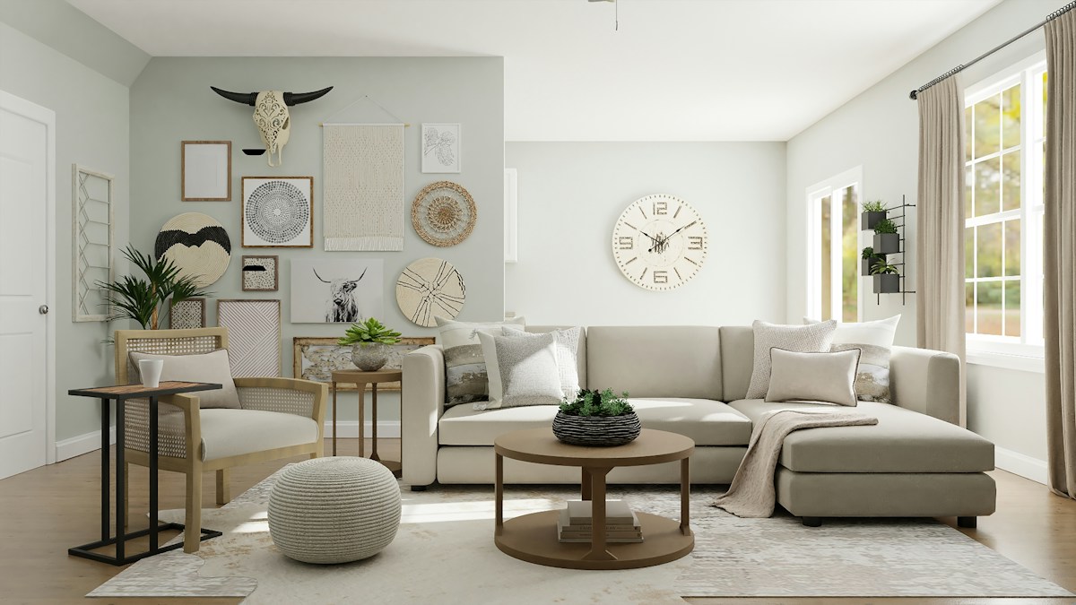 Natural furniture and interior materials in a bright living room