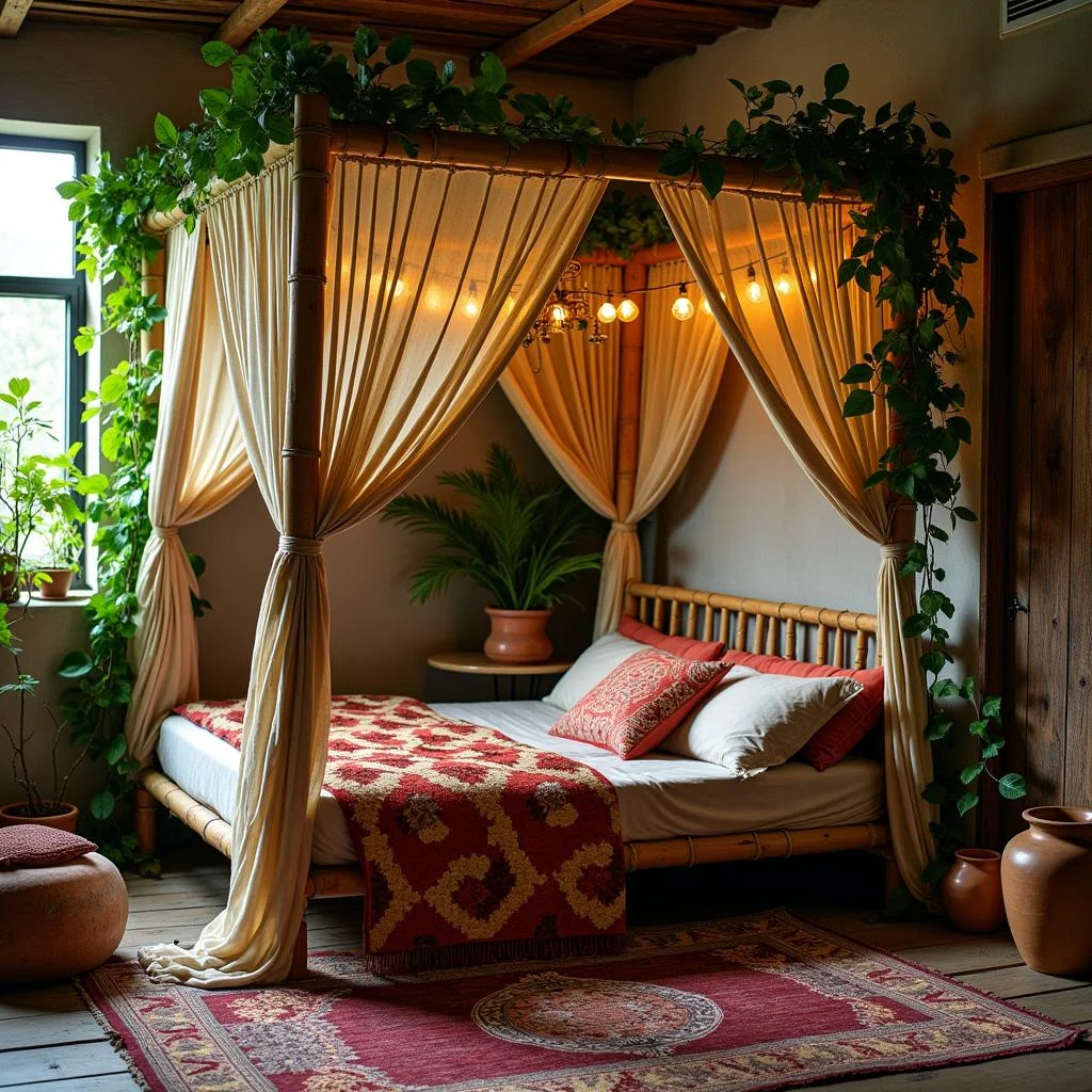 Bohemian Jungle Escape bamboo canopy bed