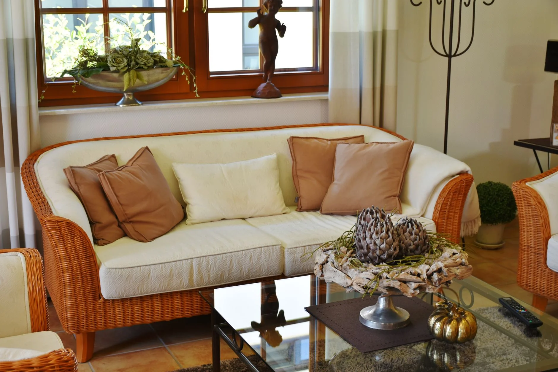 A modern living room featuring bamboo furniture and décor elements