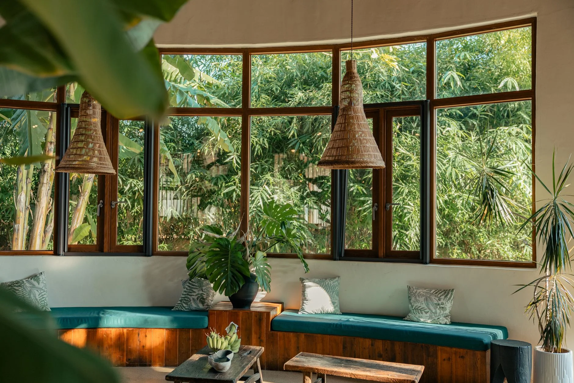 A serene living room with bamboo furniture, lush green plants, and natural light streaming through large windows