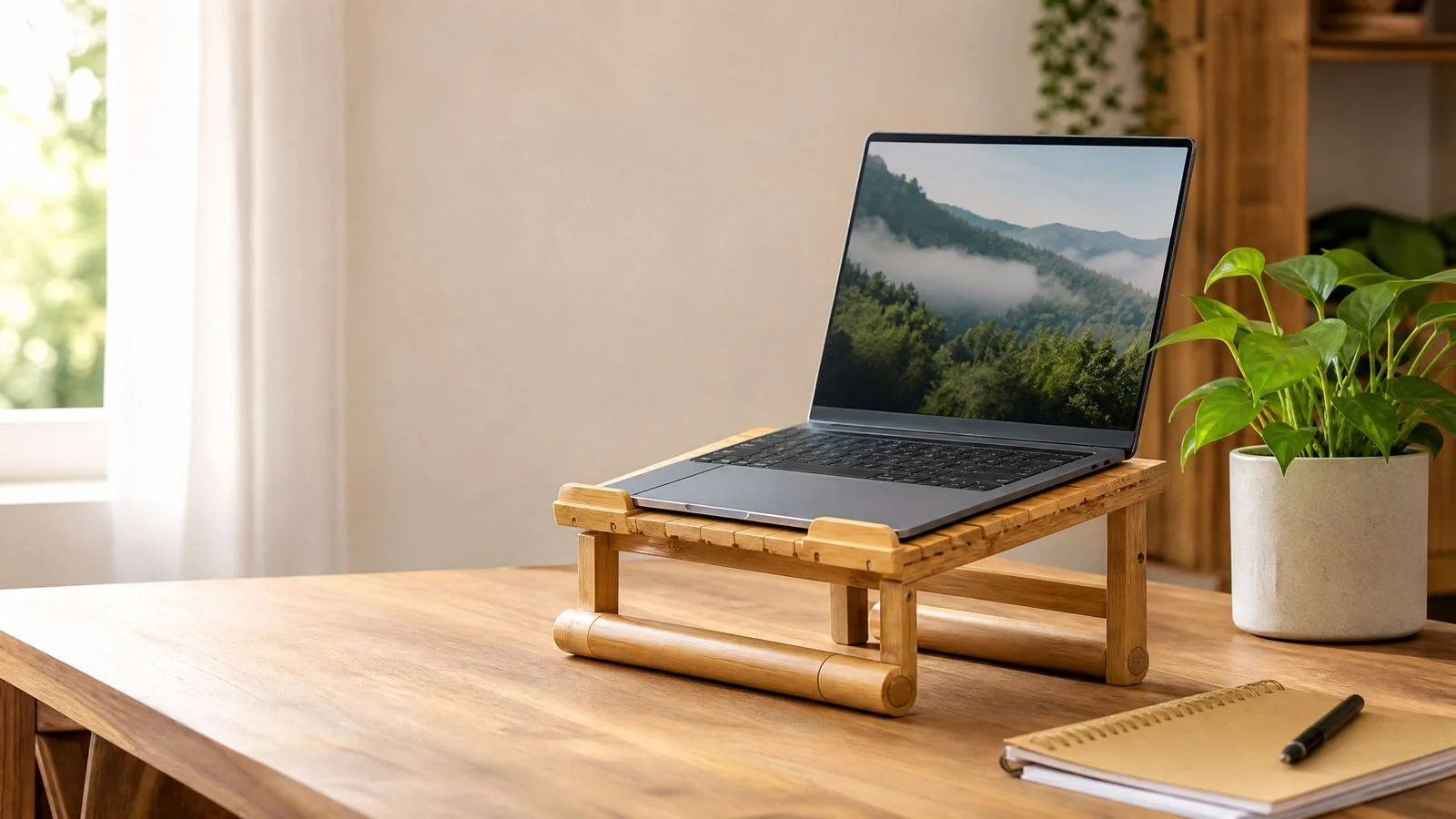 Handmade bamboo laptop stand supporting a laptop on a bright home-office desk