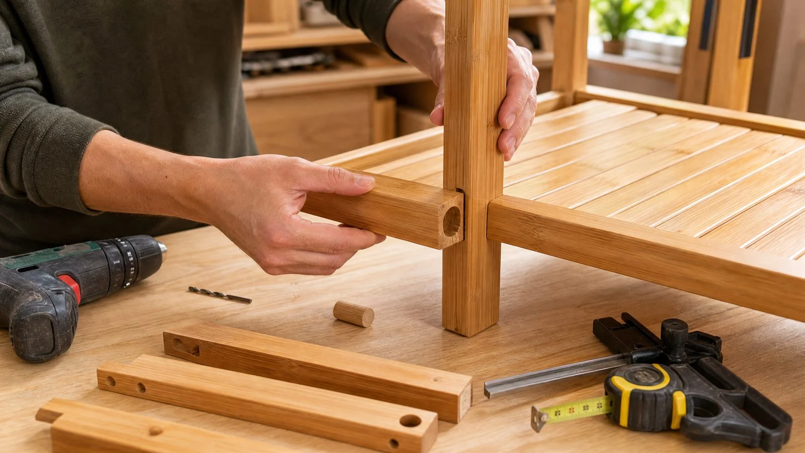 Hands assembling a bamboo furniture joint on a workshop bench